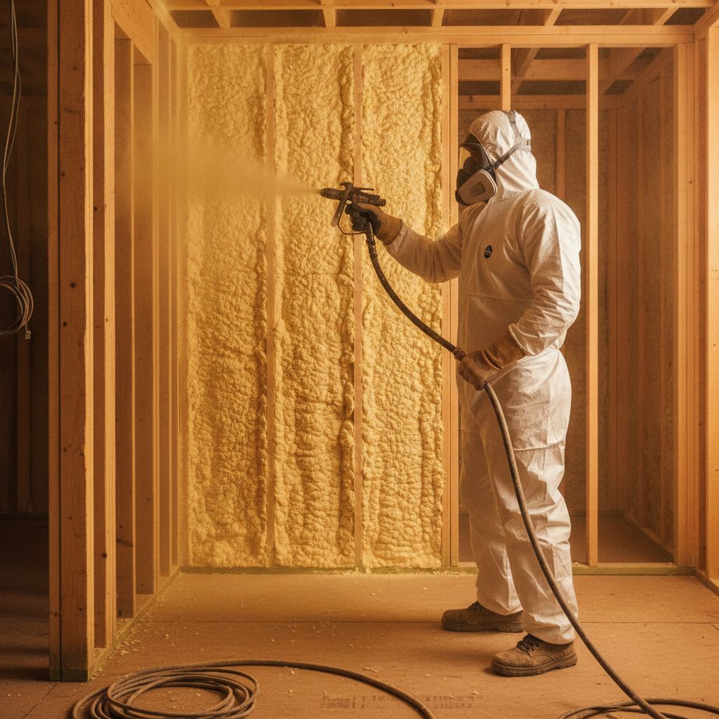 Technician applying spray foam insulation with professional equipment